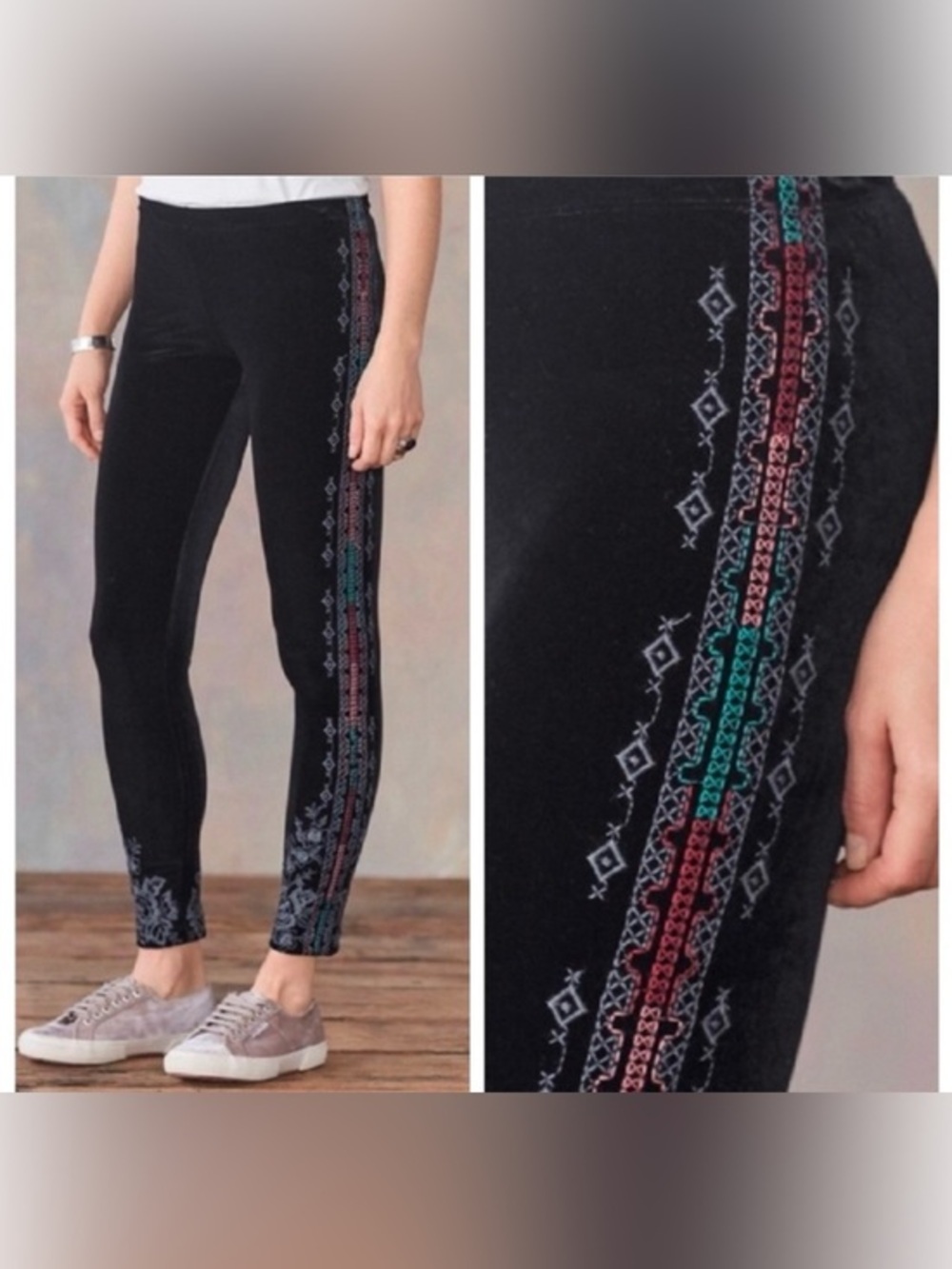 Johnny Was Black velvet Leggings with Embroidered Red and Teal Side Stripe